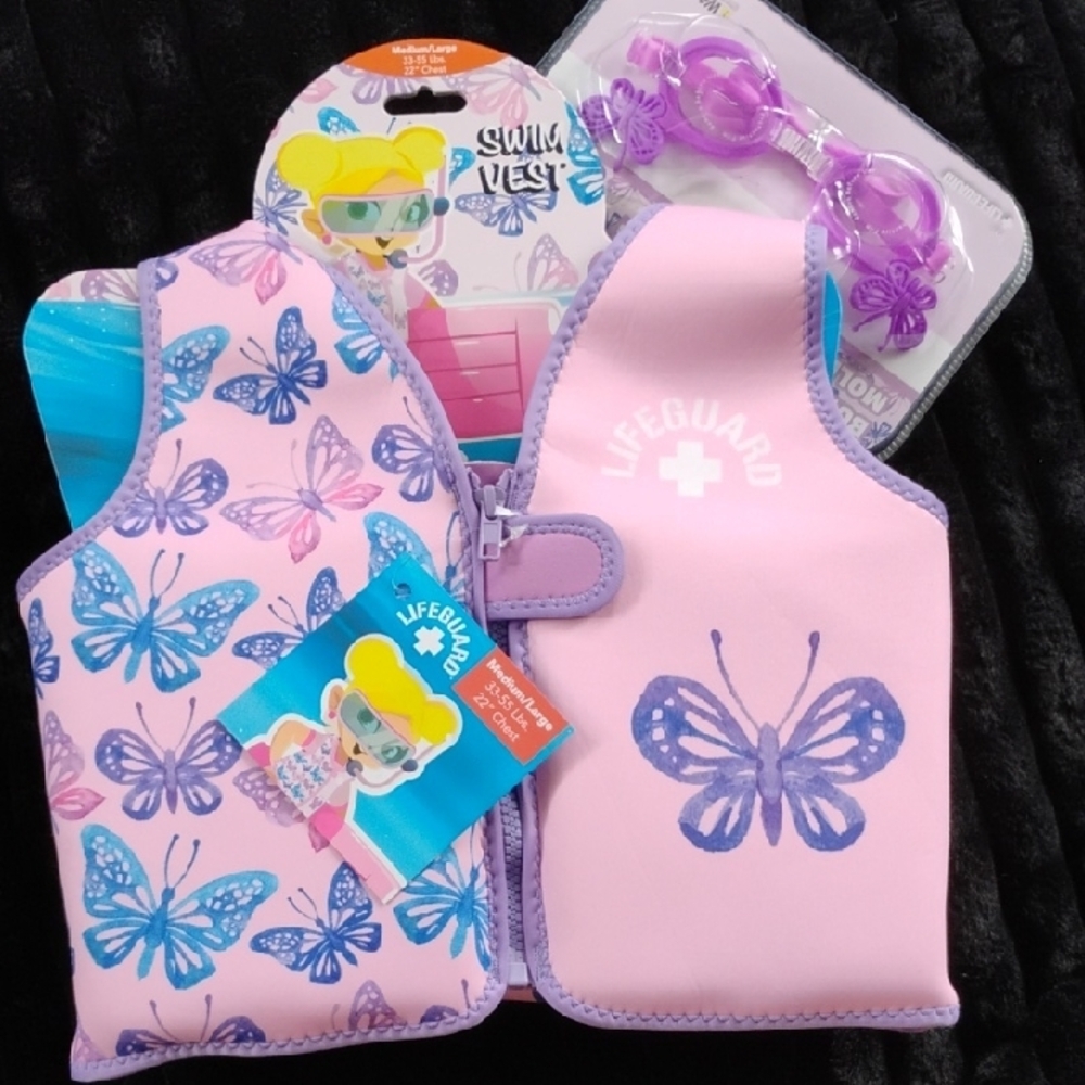 Pink Butterfly Swim Vest and Goggles Set